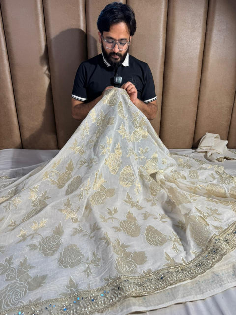 Light Ivory Pure Mul Chanderi Silk Hand Pasted Cutwork Zari Buta Saree