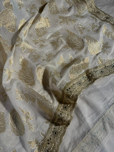 Light Ivory Pure Mul Chanderi Silk Hand Pasted Cutwork Zari Buta Saree