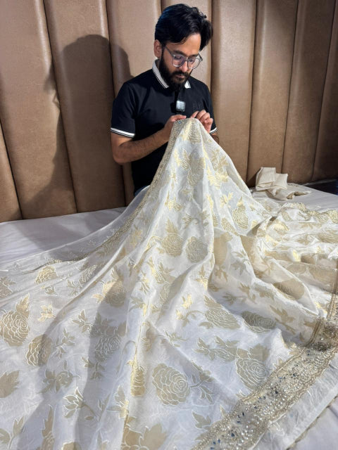 Light Ivory Pure Mul Chanderi Silk Hand Pasted Cutwork Zari Buta Saree