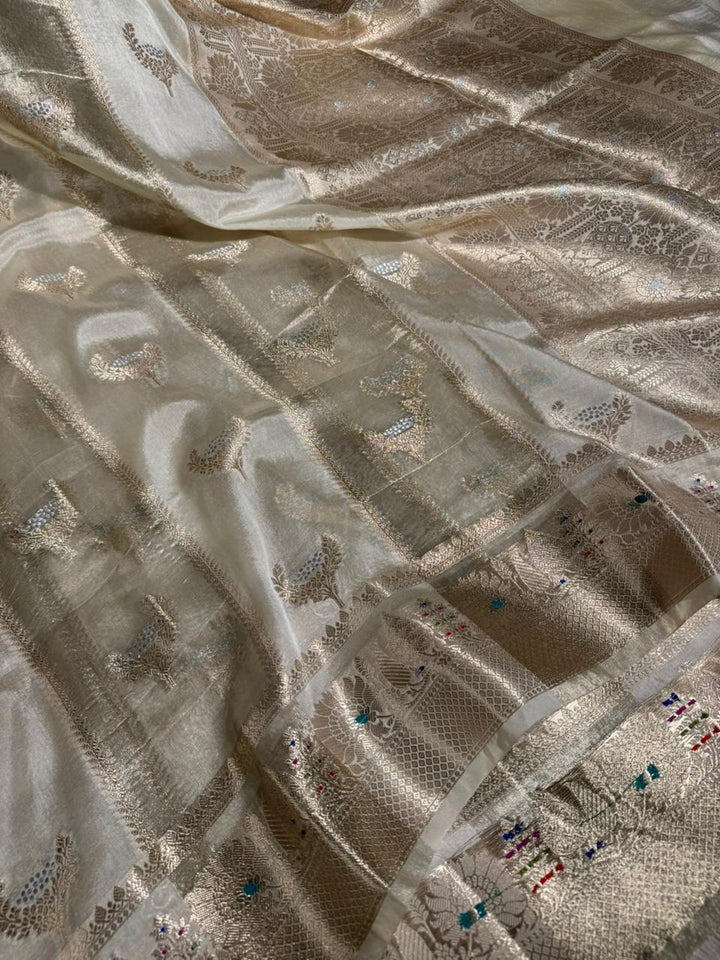 Light Ivory Rare Chinia Tissue Heritage Banarasi Saree 