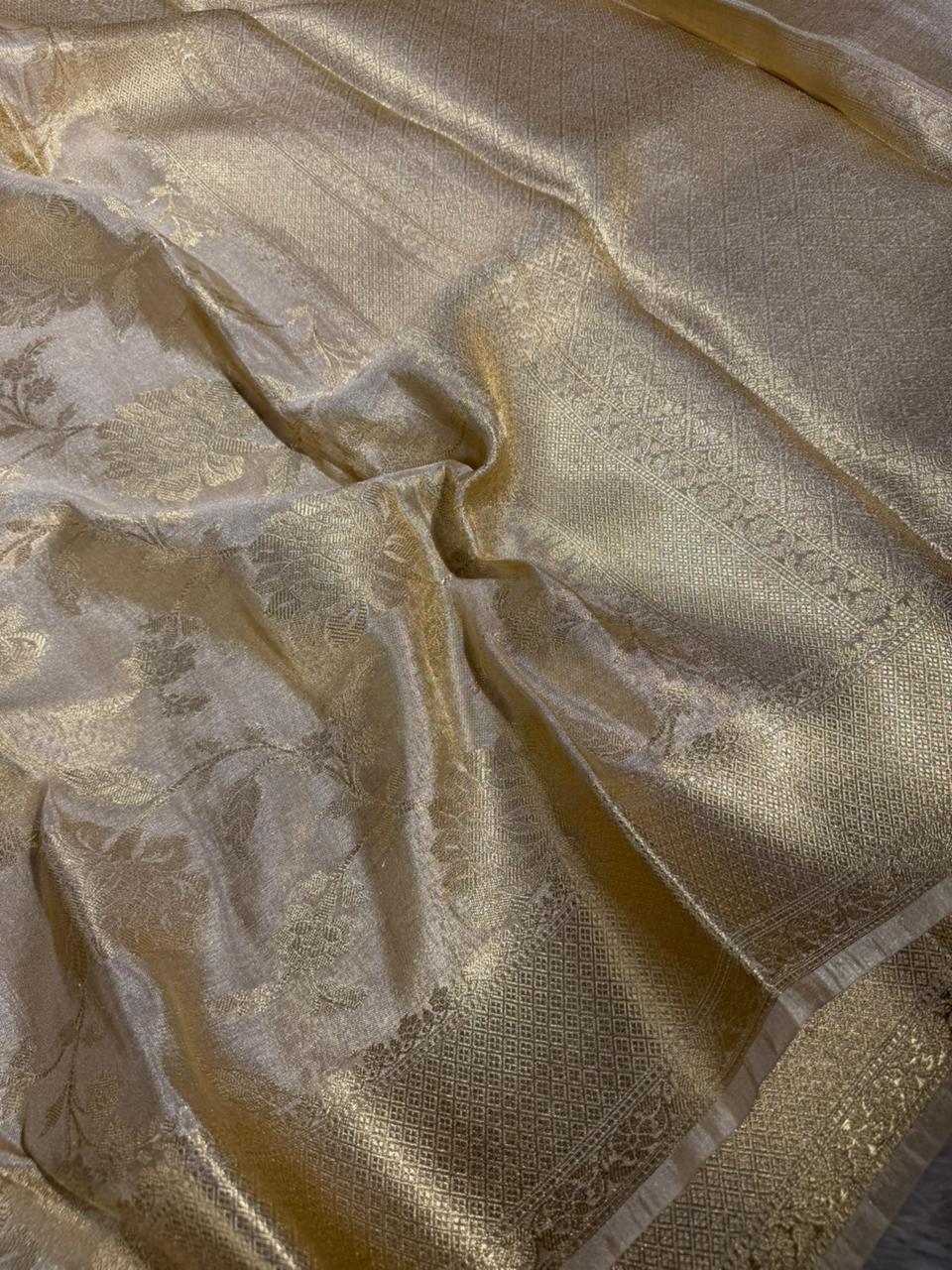 Light Ivory Soft Tissue Silk Heritage Grand Floral Weave Banarasi Saree