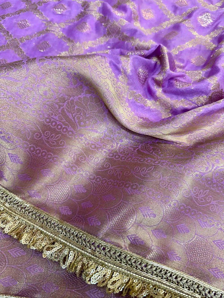 Light Lavender Chiniya Silk Lace Attached Banarasi Saree