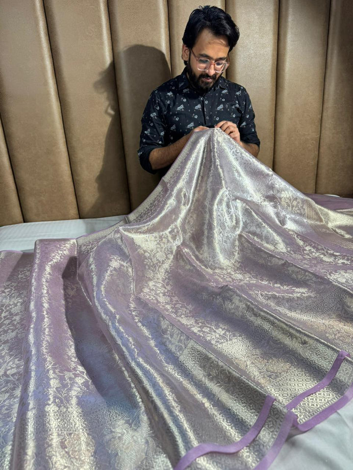 Light Lavender Kanjivaram Bridal Tissue Silk Saree with Rich pallu and blouse