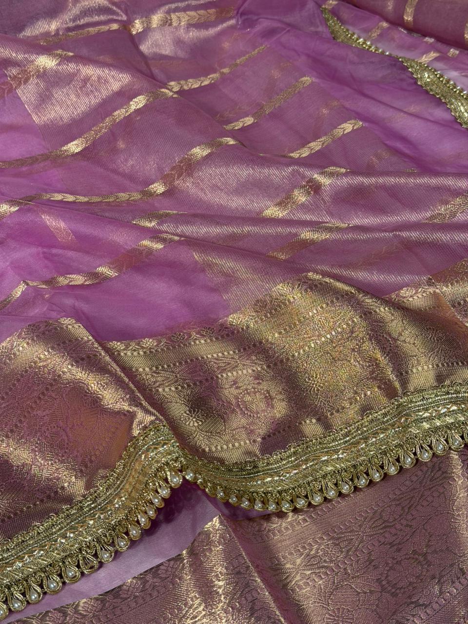 Light Lavender Kora Banarasi Saree With Lace Work