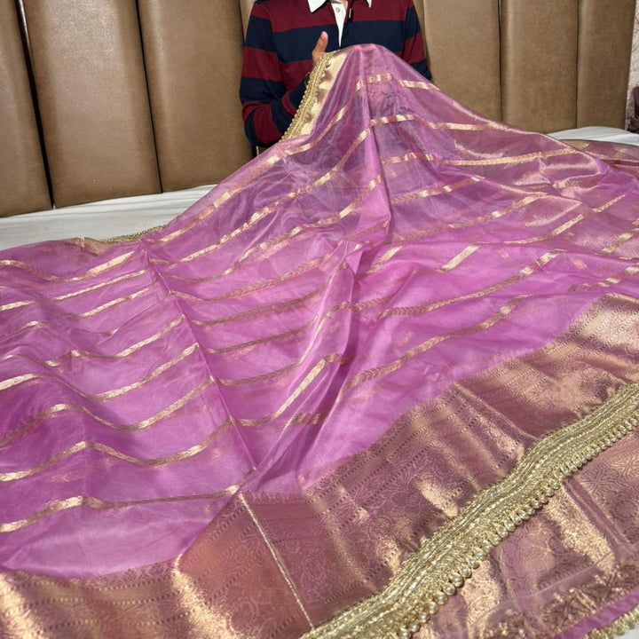 Light Lavender Kora Banarasi Saree With Lace Work