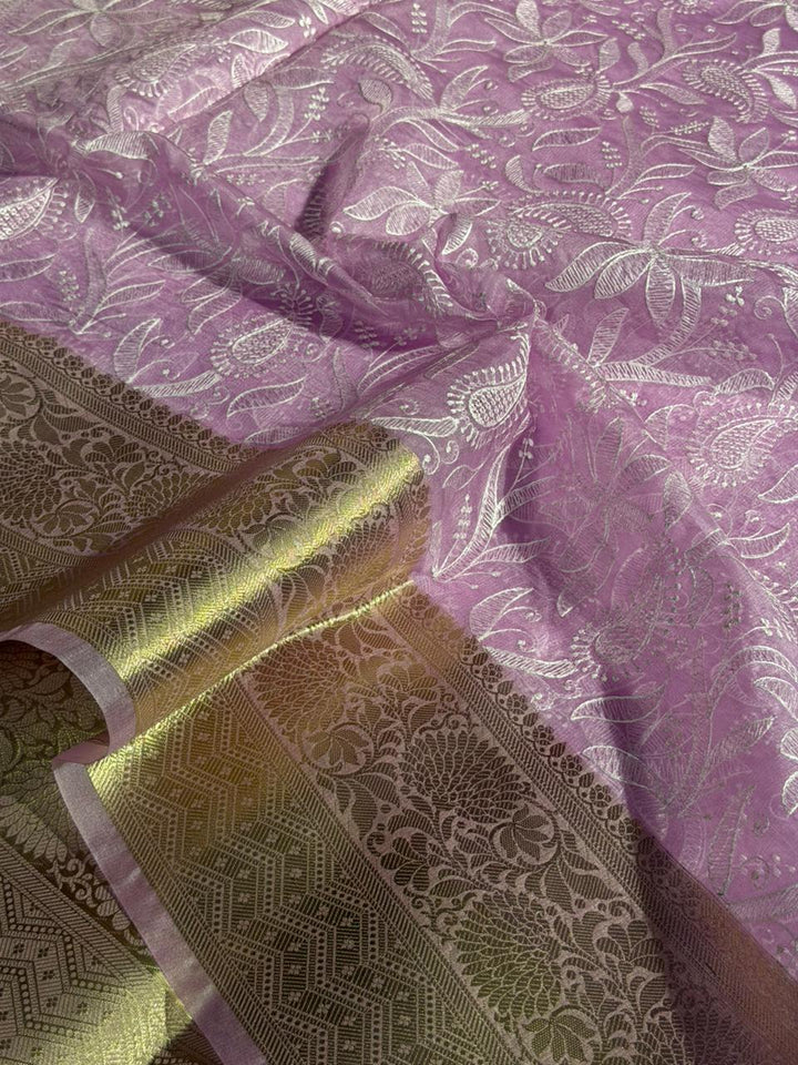 Light Lavender Kora Organza Chikankari Embroidered Banarasi Saree