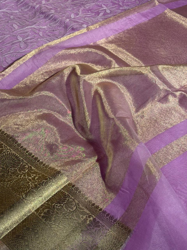 Light Lavender Kora Organza Chikankari Embroidered Banarasi Saree