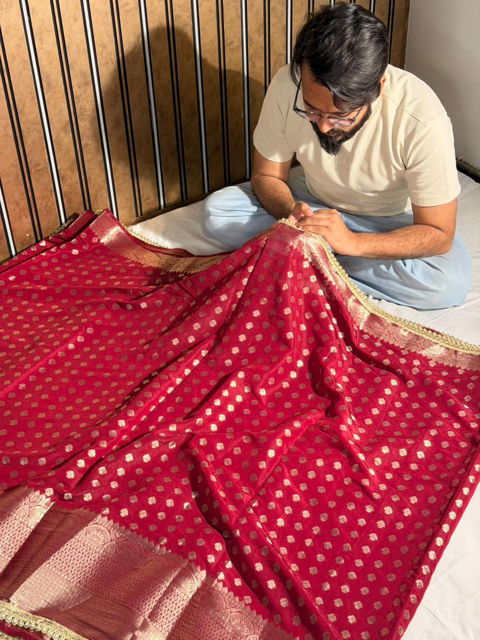 Light Maroon Chinia Silk Designer Lace Work Banarasi Saree
