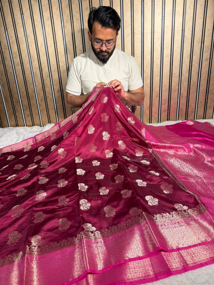 Light Maroon Chinia Silk Traditional Buta Banarasi Saree
