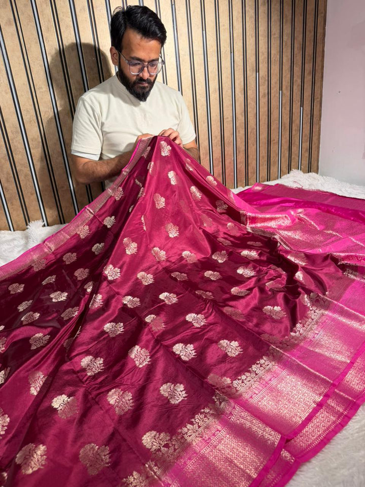 Light Maroon Chinia Silk Traditional Buta Banarasi Saree