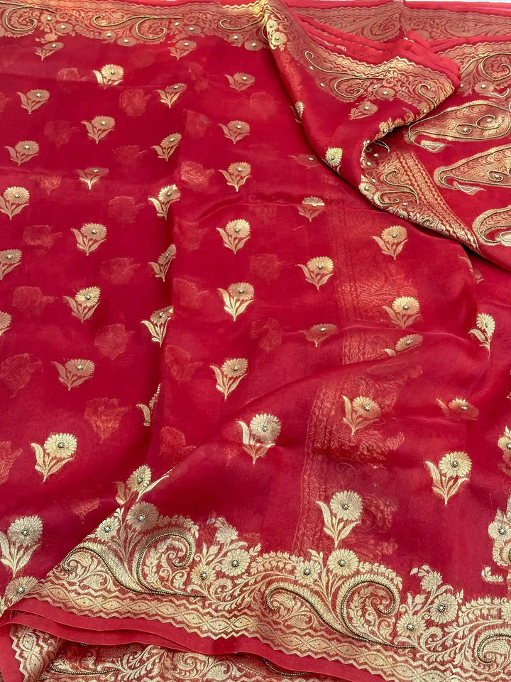 Light Maroon Exclusive Handwork Pure Organza Silk Saree