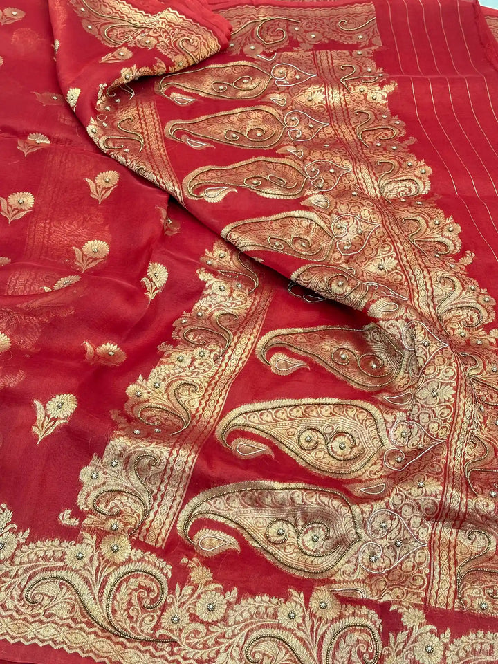 Light Maroon Exclusive Handwork Pure Organza Silk Saree