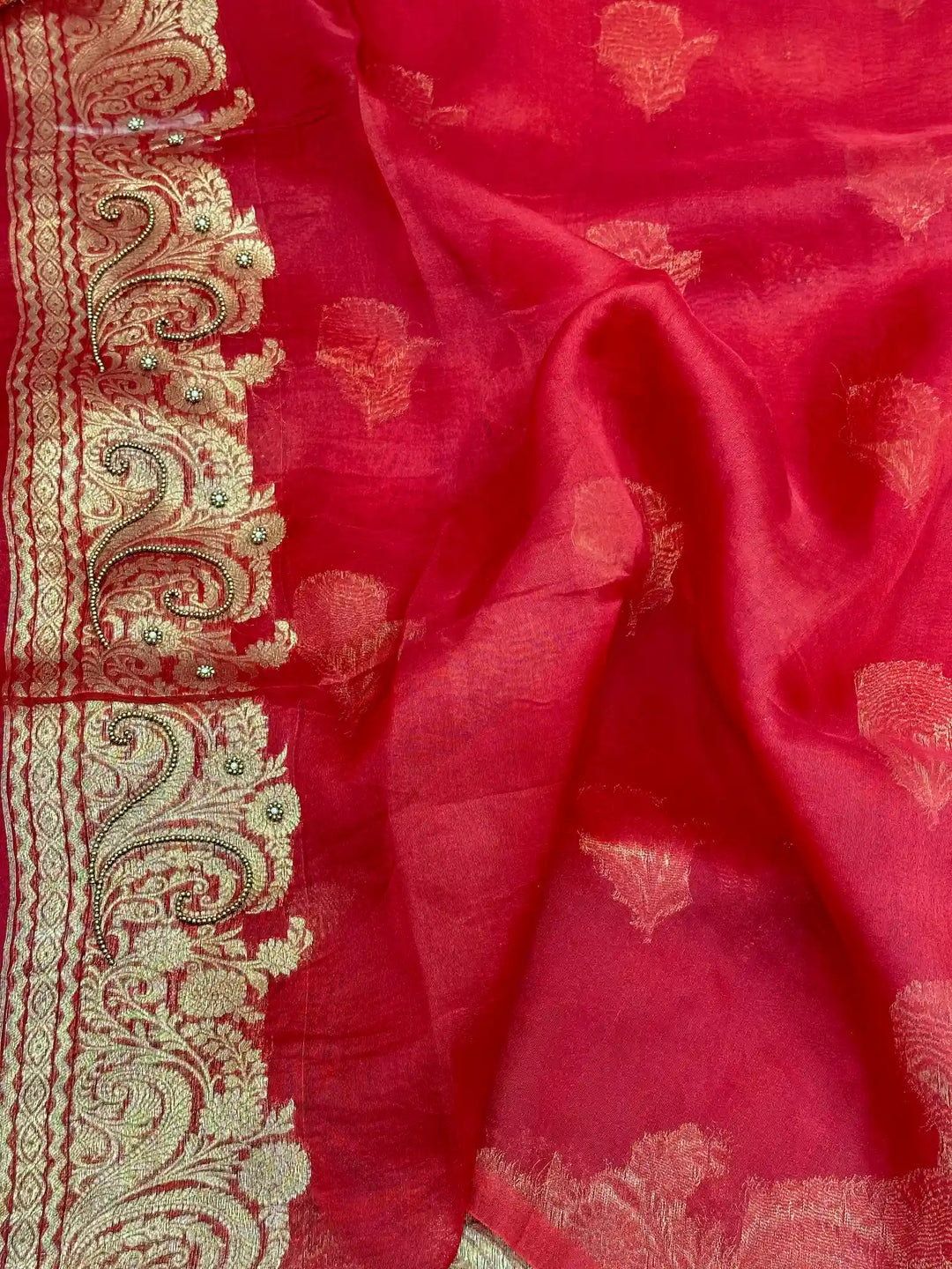 Light Maroon Exclusive Handwork Pure Organza Silk Saree