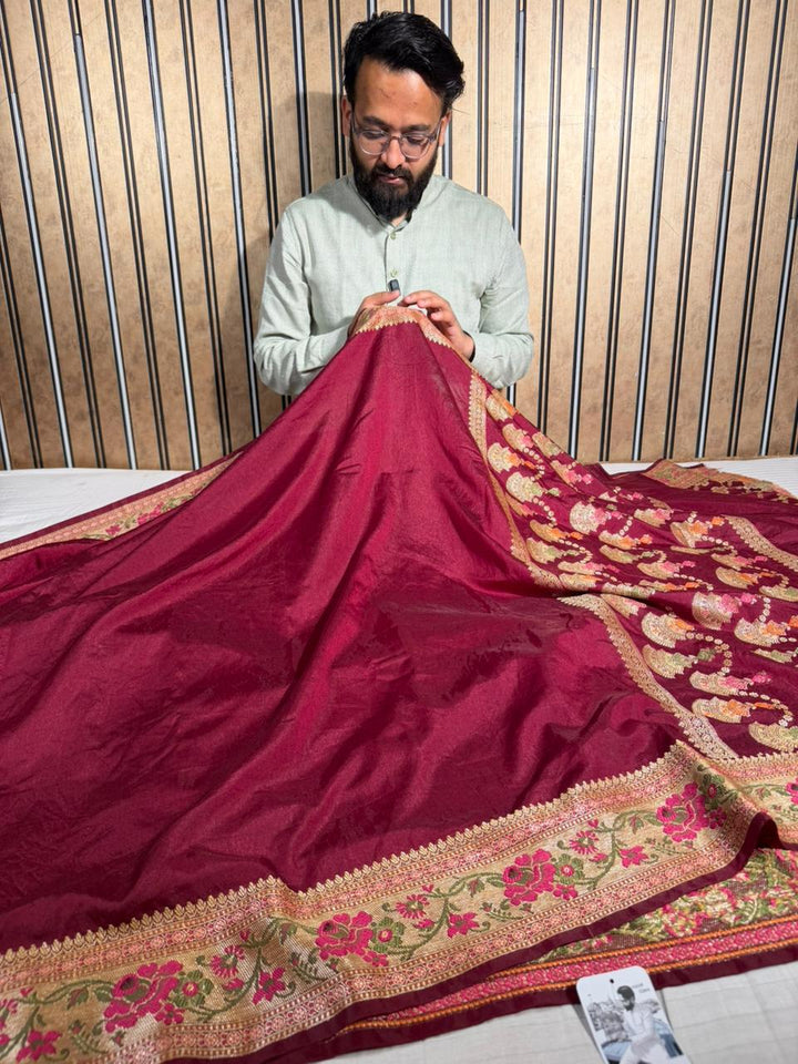 Light Maroon Georgette Silk Meenakari Banarasi saree