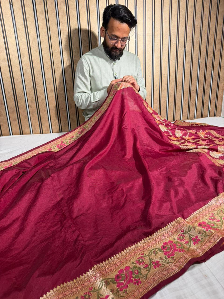 Light Maroon Georgette Silk Meenakari Banarasi saree