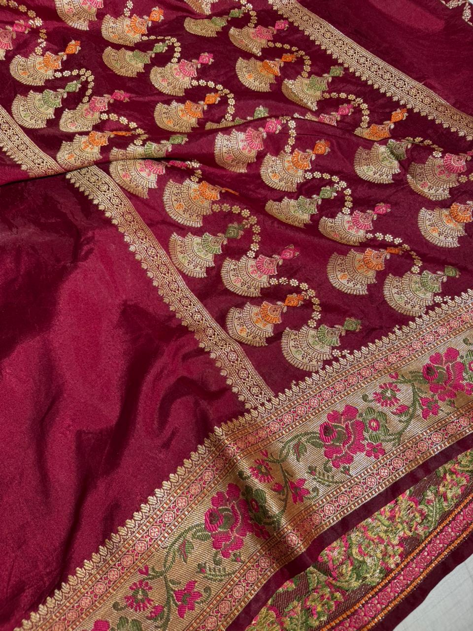 Light Maroon Georgette Silk Meenakari Banarasi saree