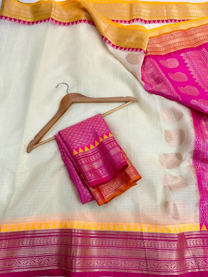 Light Off-White Dharmavaram Cotton Silk Checks Weave Banarasi Saree