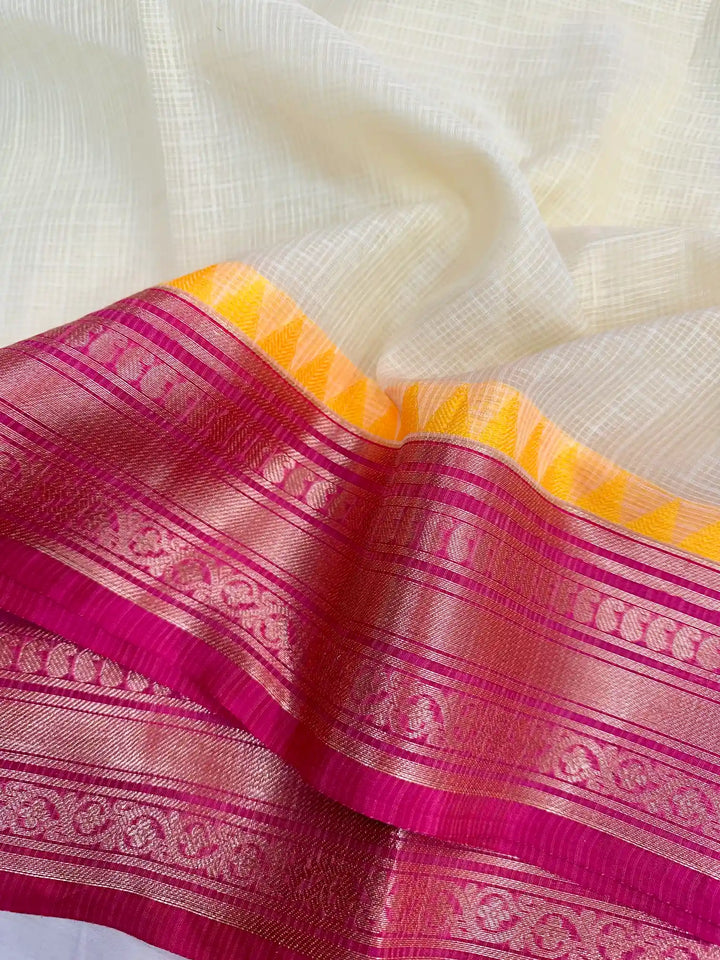 Light Off-White Dharmavaram Cotton Silk Checks Weave Banarasi Saree