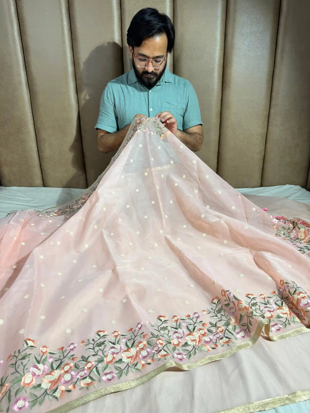 Light Peach Banarasi organza silk with NoorTaar technique border and pallu work with premium tassels