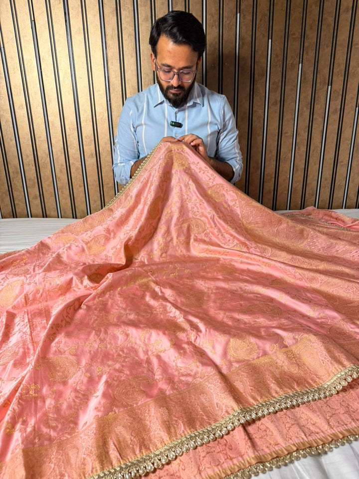 Light Peach Mashru Katan Designer Lace Work Saree