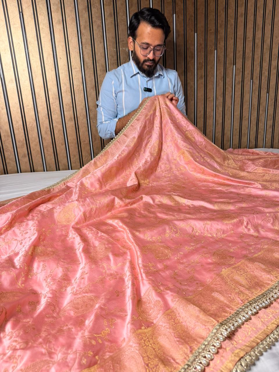 Light Peach Mashru Katan Designer Lace Work Saree