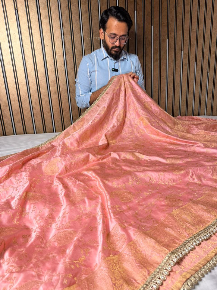 Light Peach Mashru Katan Designer Lace Work Saree