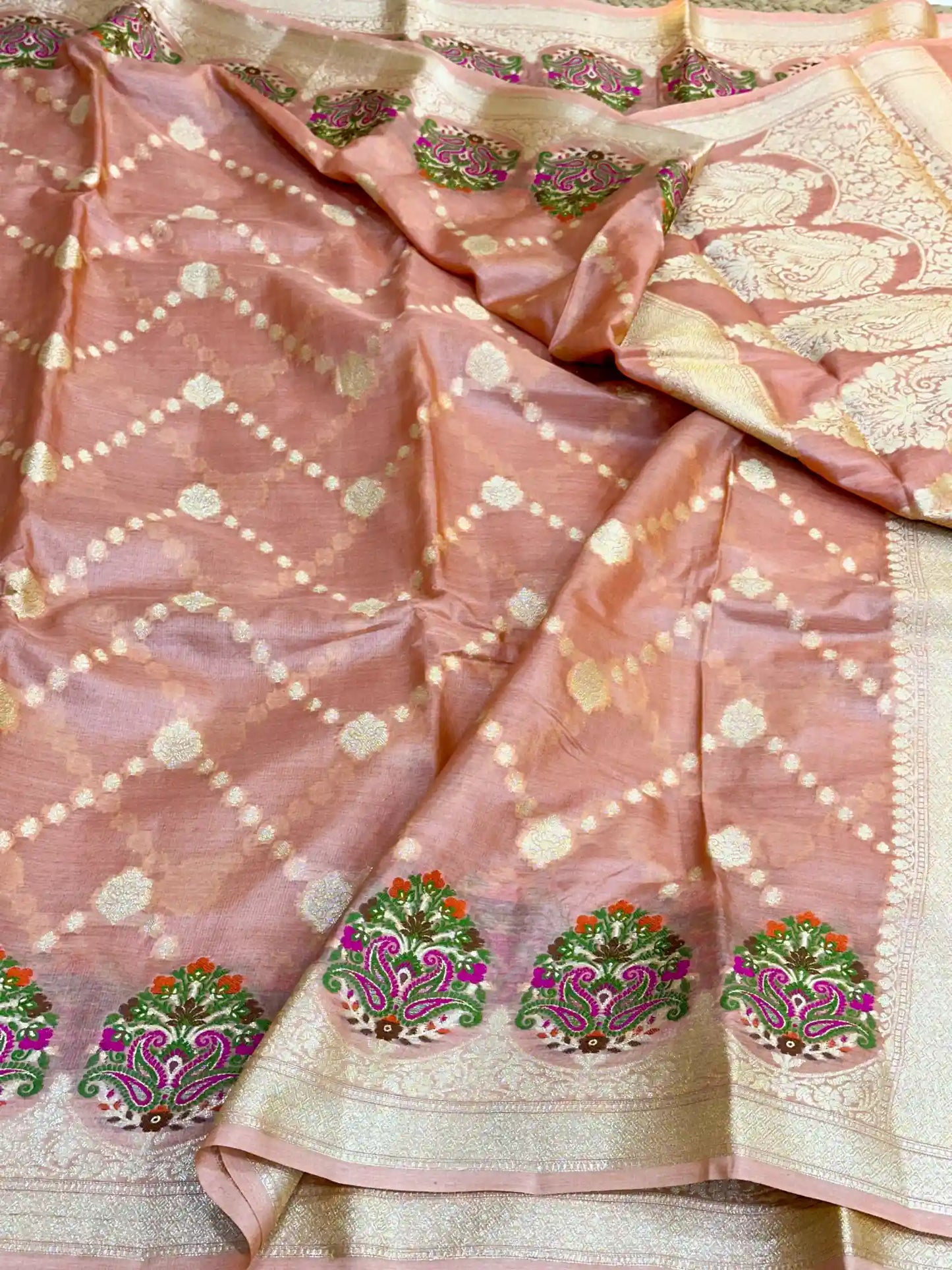 Light Peach Meenakari Pure Tussar Silk Saree