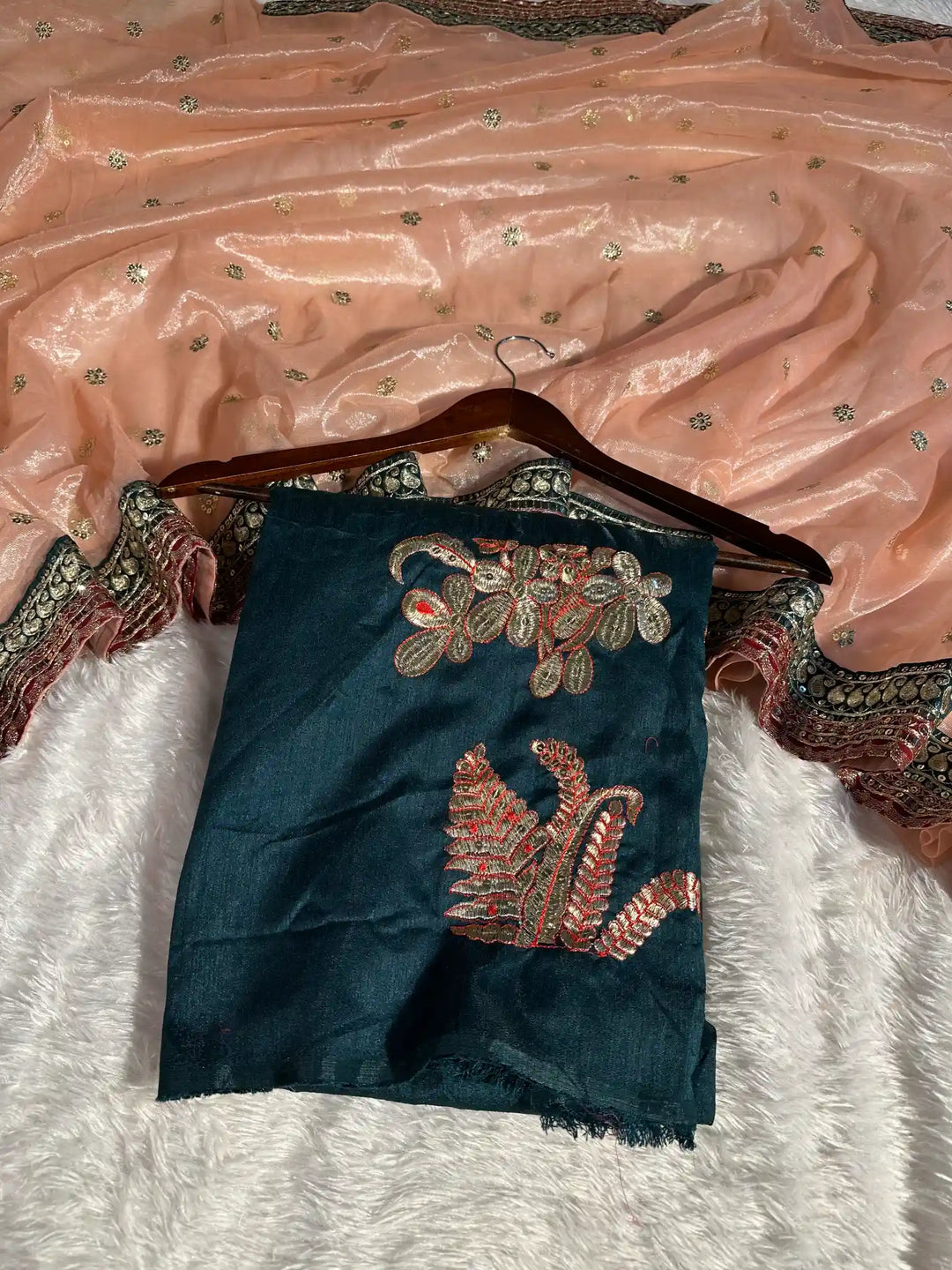Light Peach Shimmery Tissue Silk Designer Saree