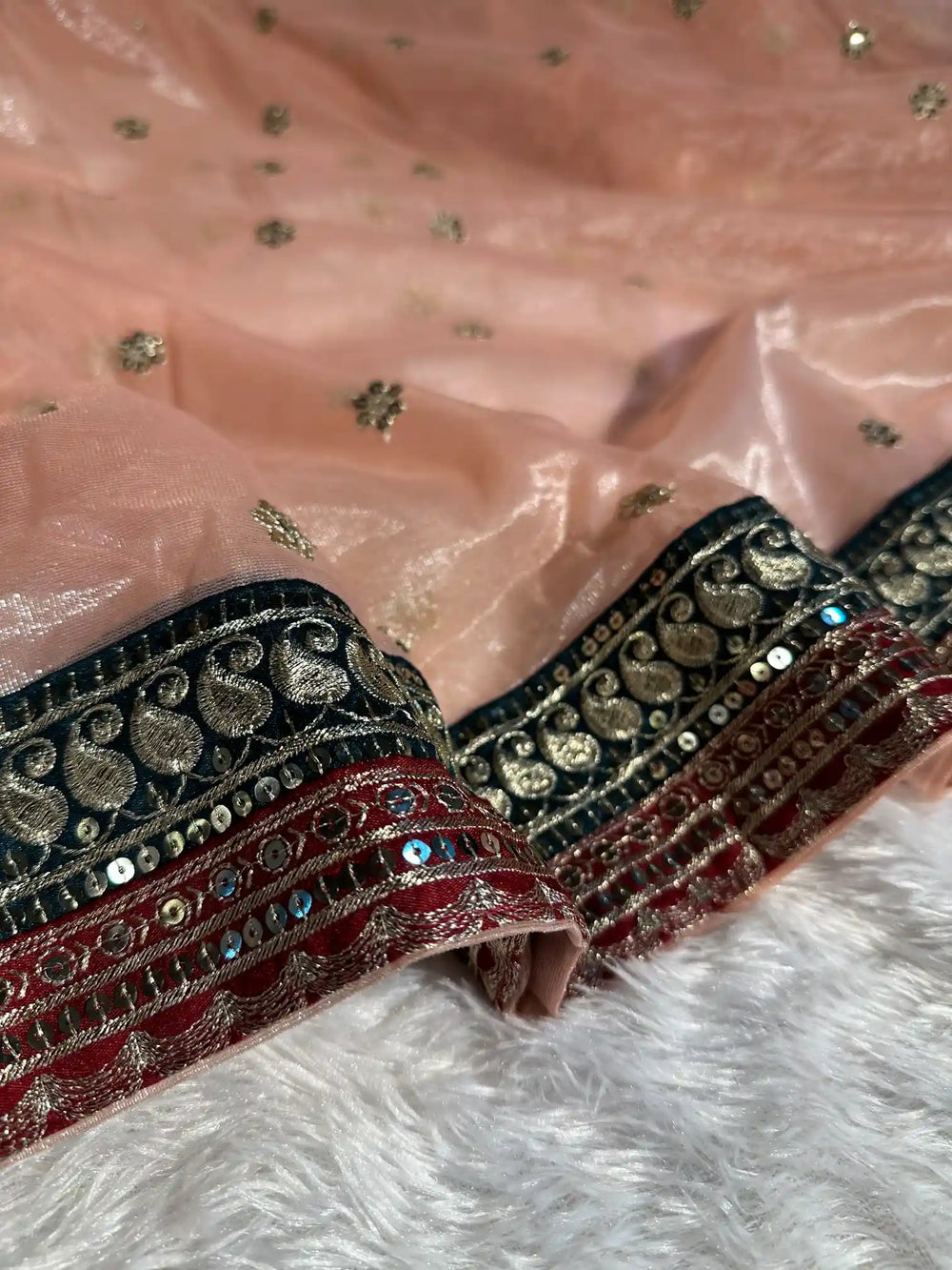 Light Peach Shimmery Tissue Silk Designer Saree