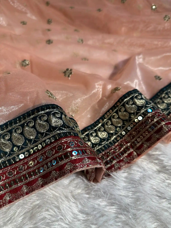 Light Peach Shimmery Tissue Silk Designer Saree