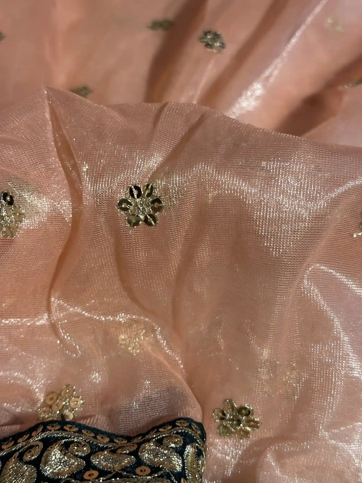 Light Peach Shimmery Tissue Silk Designer Saree