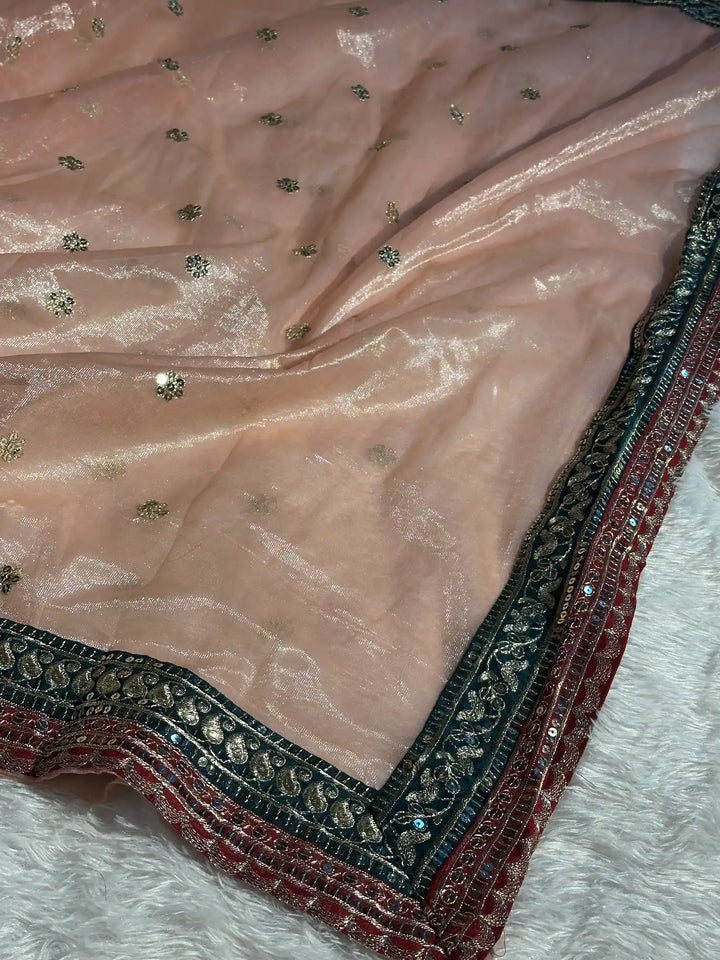 Light Peach Shimmery Tissue Silk Designer Saree