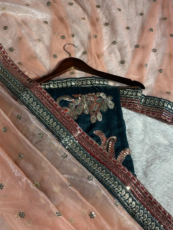 Light Peach Shimmery Tissue Silk Designer Saree
