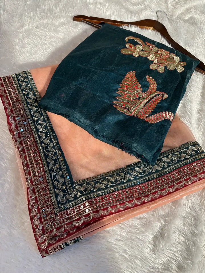 Light Peach Shimmery Tissue Silk Designer Saree