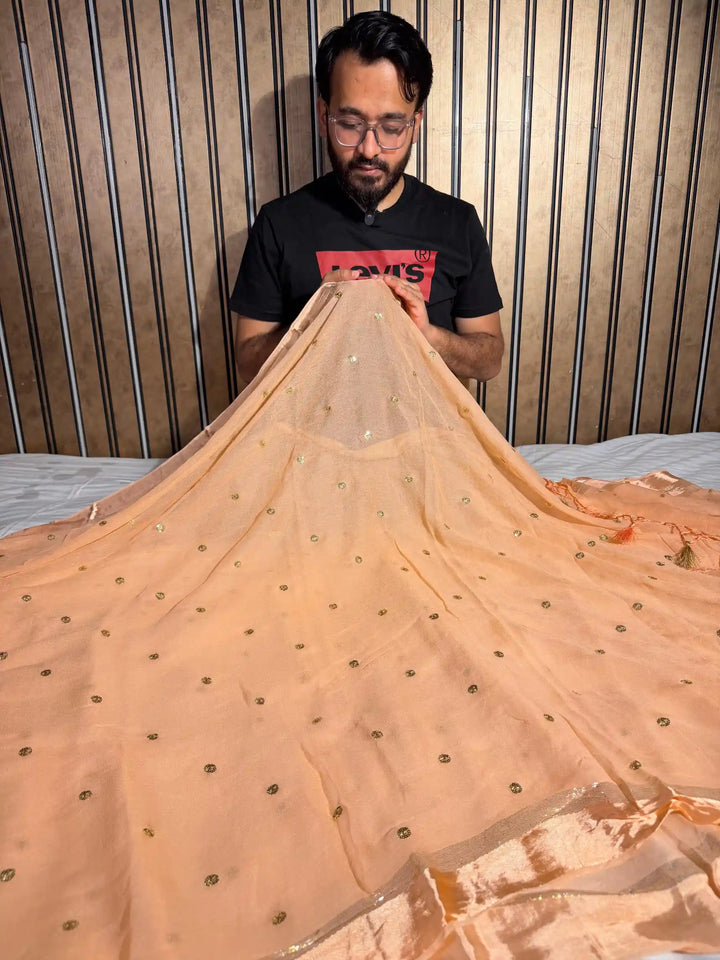 Light Peach Viscose Georgette Embroided Buti Saree