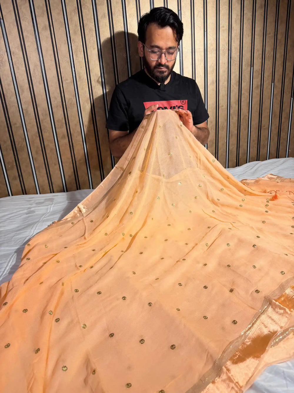 Light Peach Viscose Georgette Embroided Buti Saree