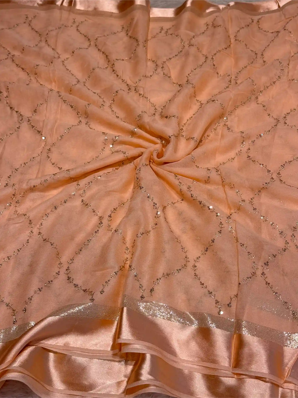 Light Peach Viscose Georgette Silk Embroidered Work Banarasi Saree