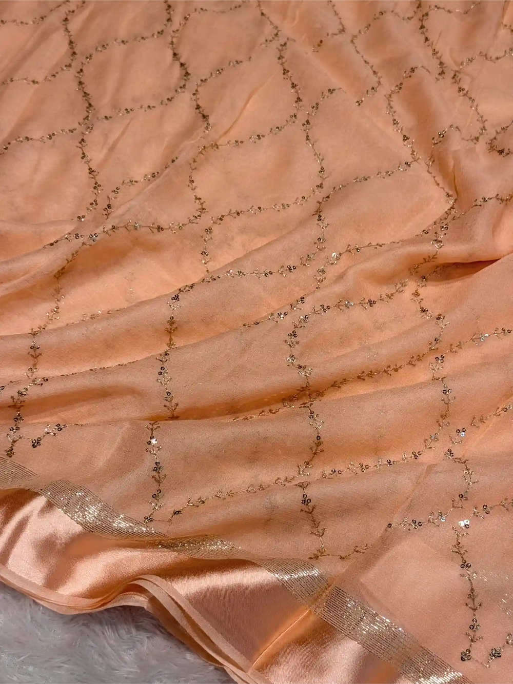 Light Peach Viscose Georgette Silk Embroidered Work Banarasi Saree