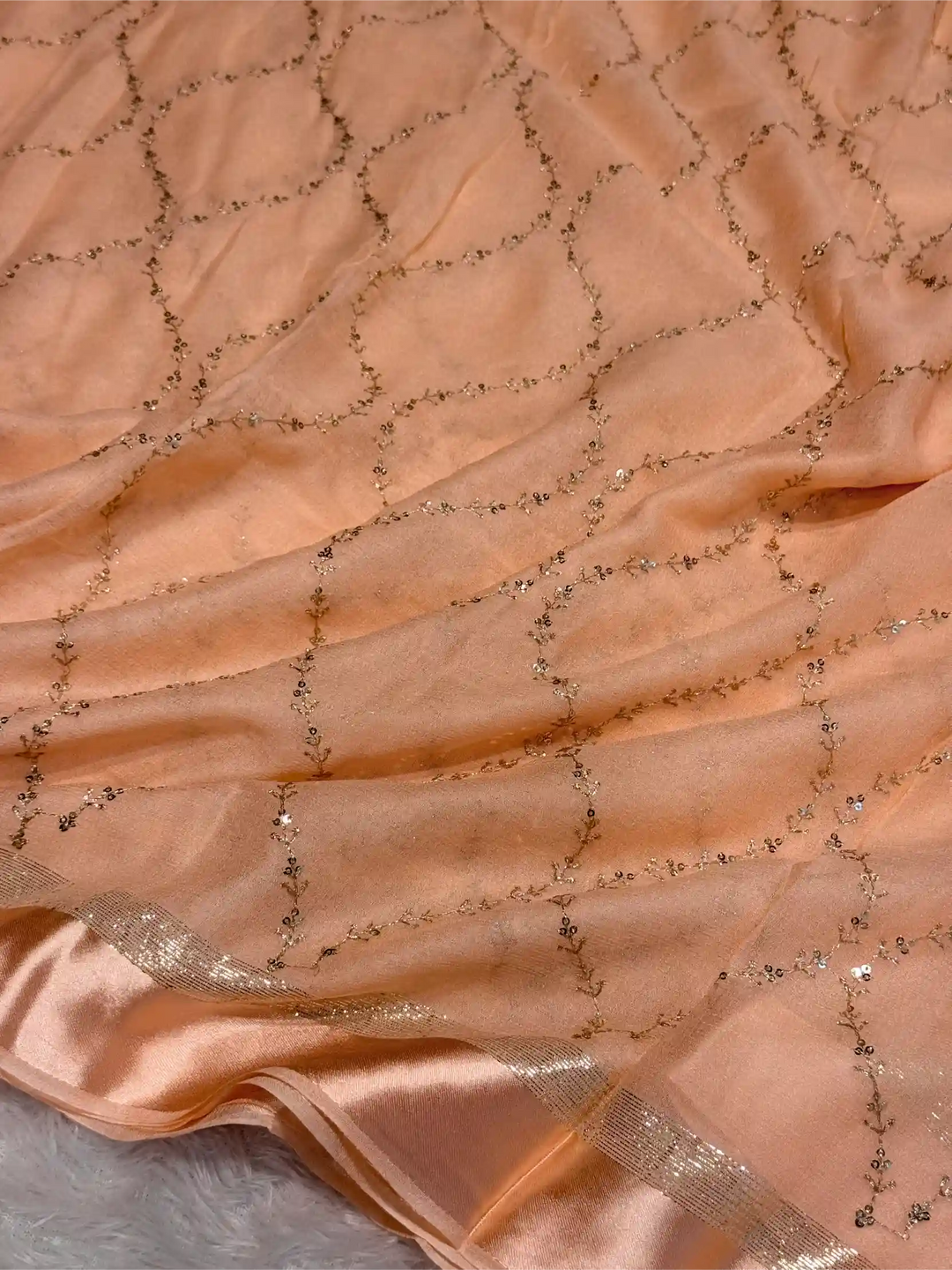 Light Peach Viscose Georgette Silk Embroidered Work Banarasi Saree