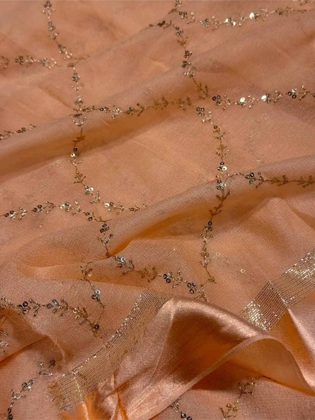 Light Peach Viscose Georgette Silk Embroidered Work Banarasi Saree