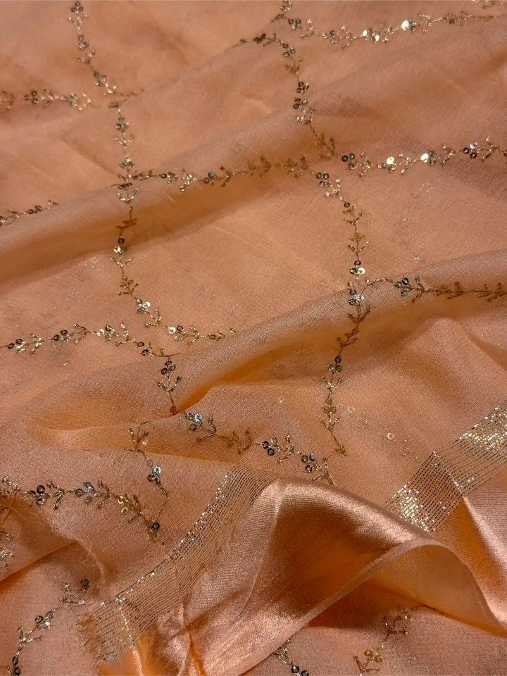 Light Peach Viscose Georgette Silk Embroidered Work Banarasi Saree