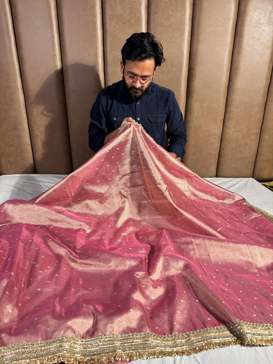 Light Pink Shade Tissue Silk Saree with Heavy Lace