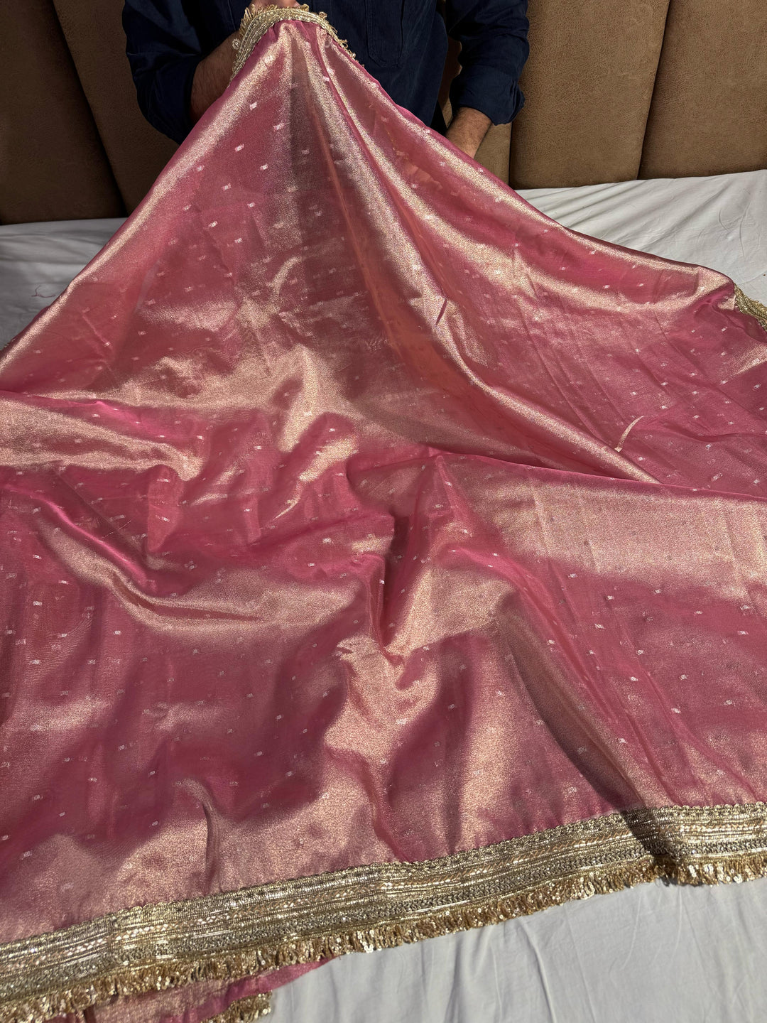 Light Pink Shade Tissue Silk Saree with Heavy Lace