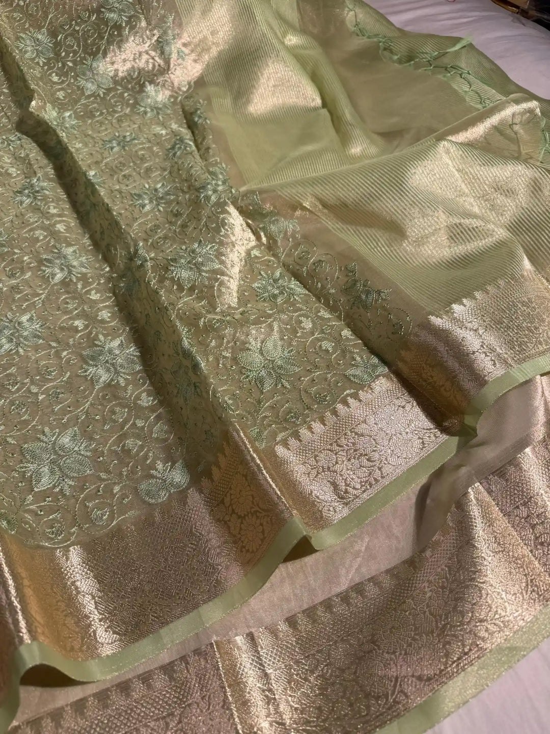 Light Pista Shade Soft Tissue Silk Banarasi Saree with Premium Chikankari Embroidery