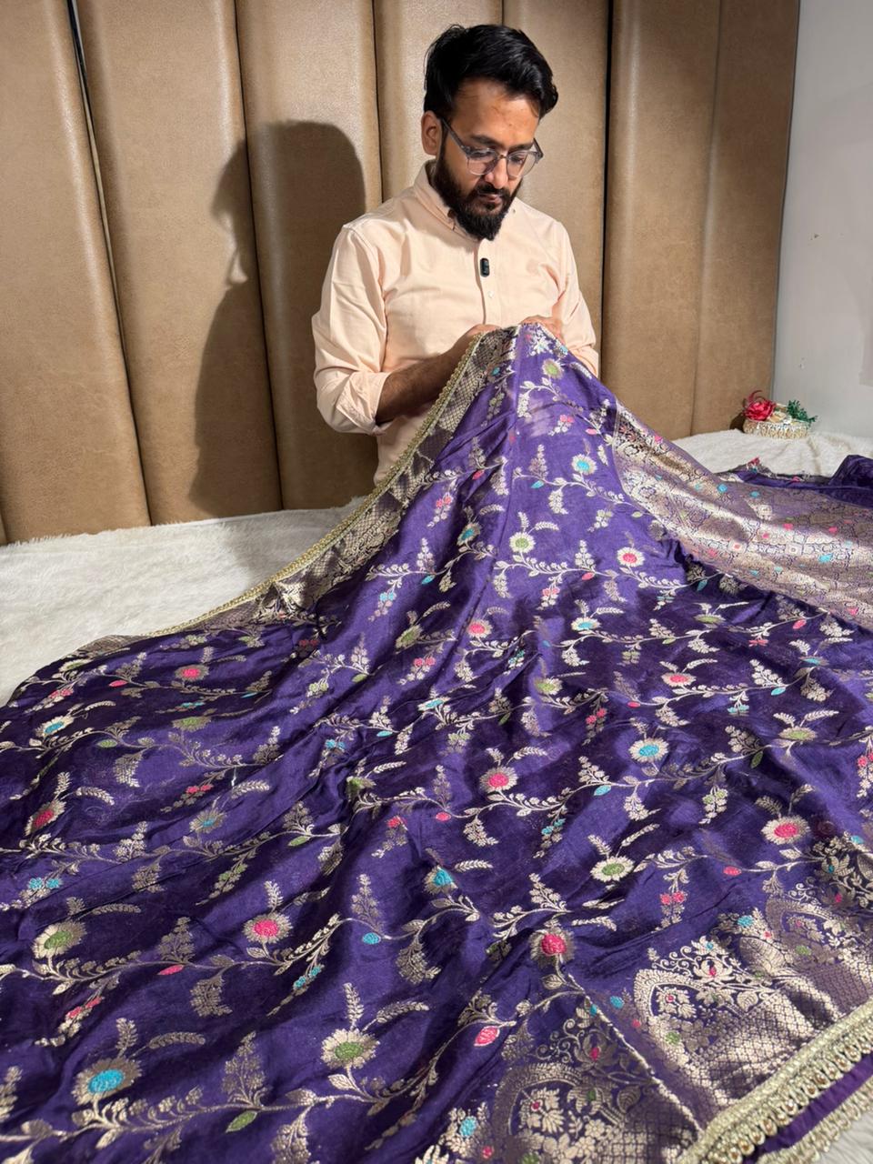 Light Purple Premium Dupion Silk Lace Work Banarasi Saree