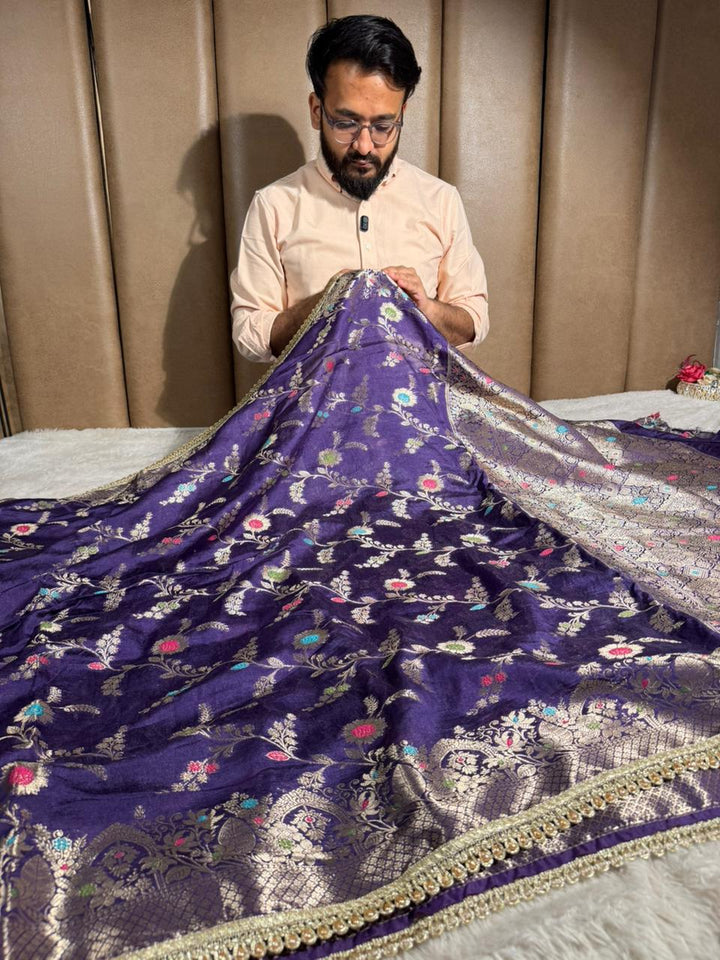 Light Purple Premium Dupion Silk Lace Work Banarasi Saree