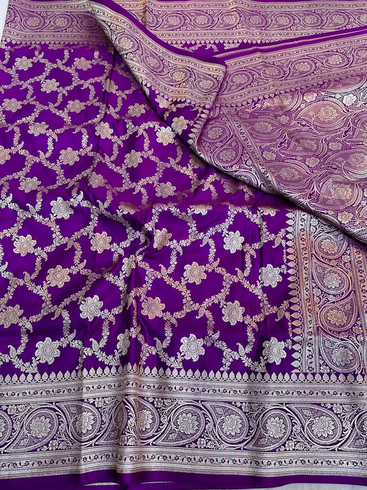 Light Purple Satin Katan Silk Floral Jaal Banarasi Saree