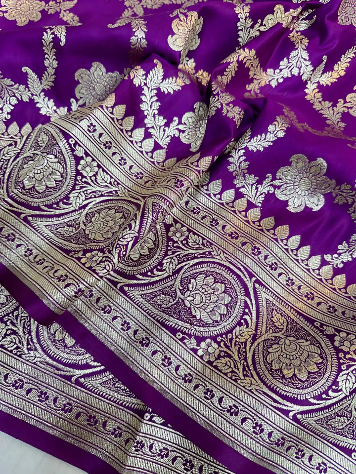 Light Purple Satin Katan Silk Floral Jaal Banarasi Saree