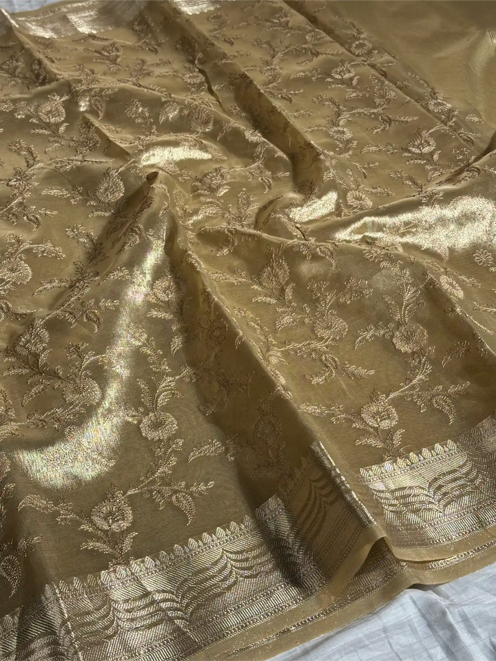 Light Tussar Gold Tissue Silk Chikankari Embroidery Work Banarasi Saree