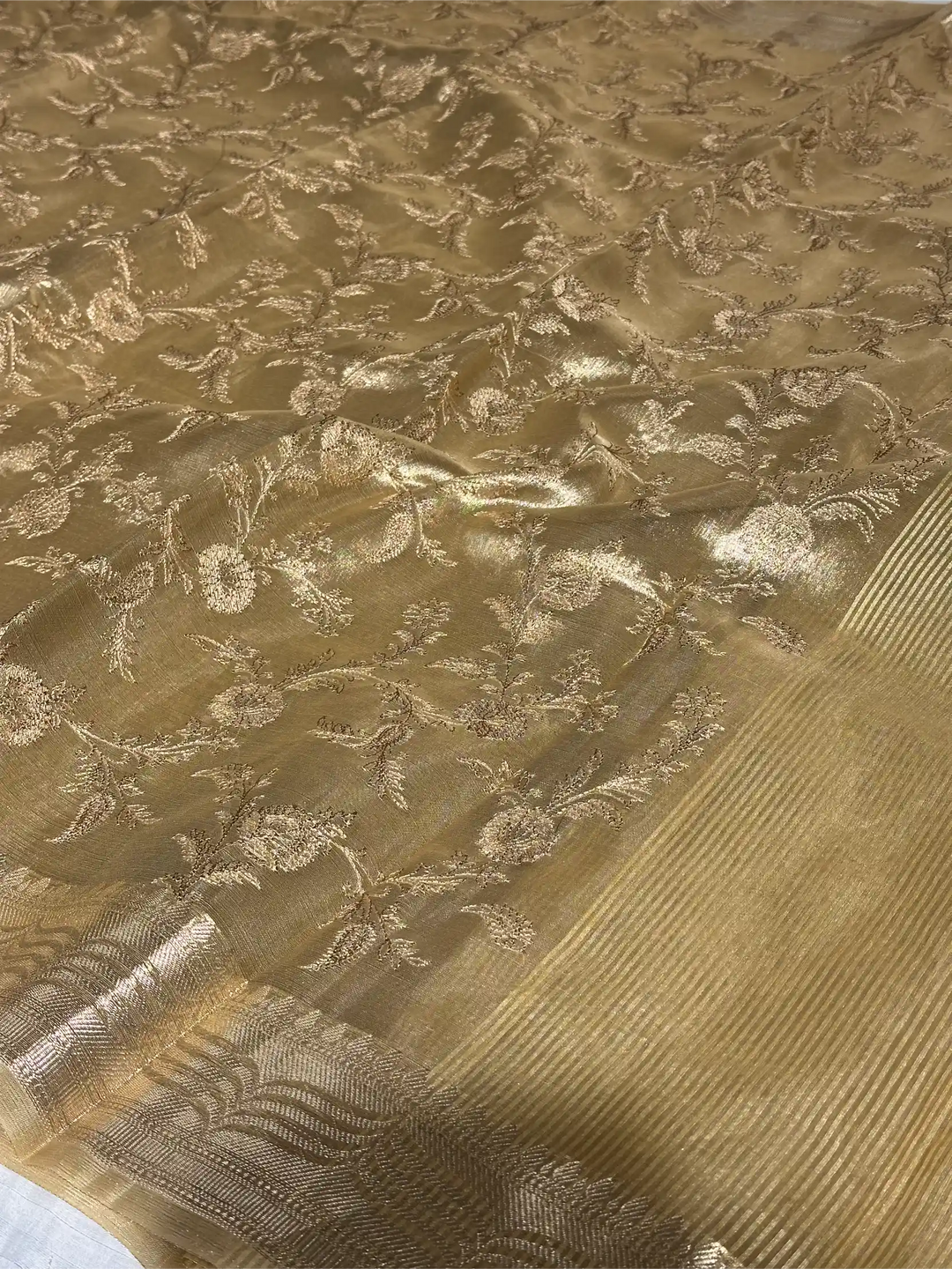 Light Tussar Gold Tissue Silk Chikankari Embroidery Work Banarasi Saree